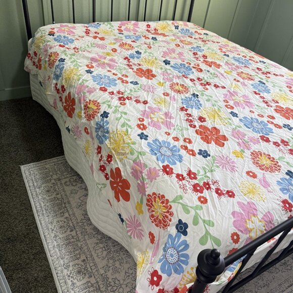 Floral Quilt Bedspread Duvet Full/Queen White Multicolor Flowers Retro Boho - Picture 2 of 7